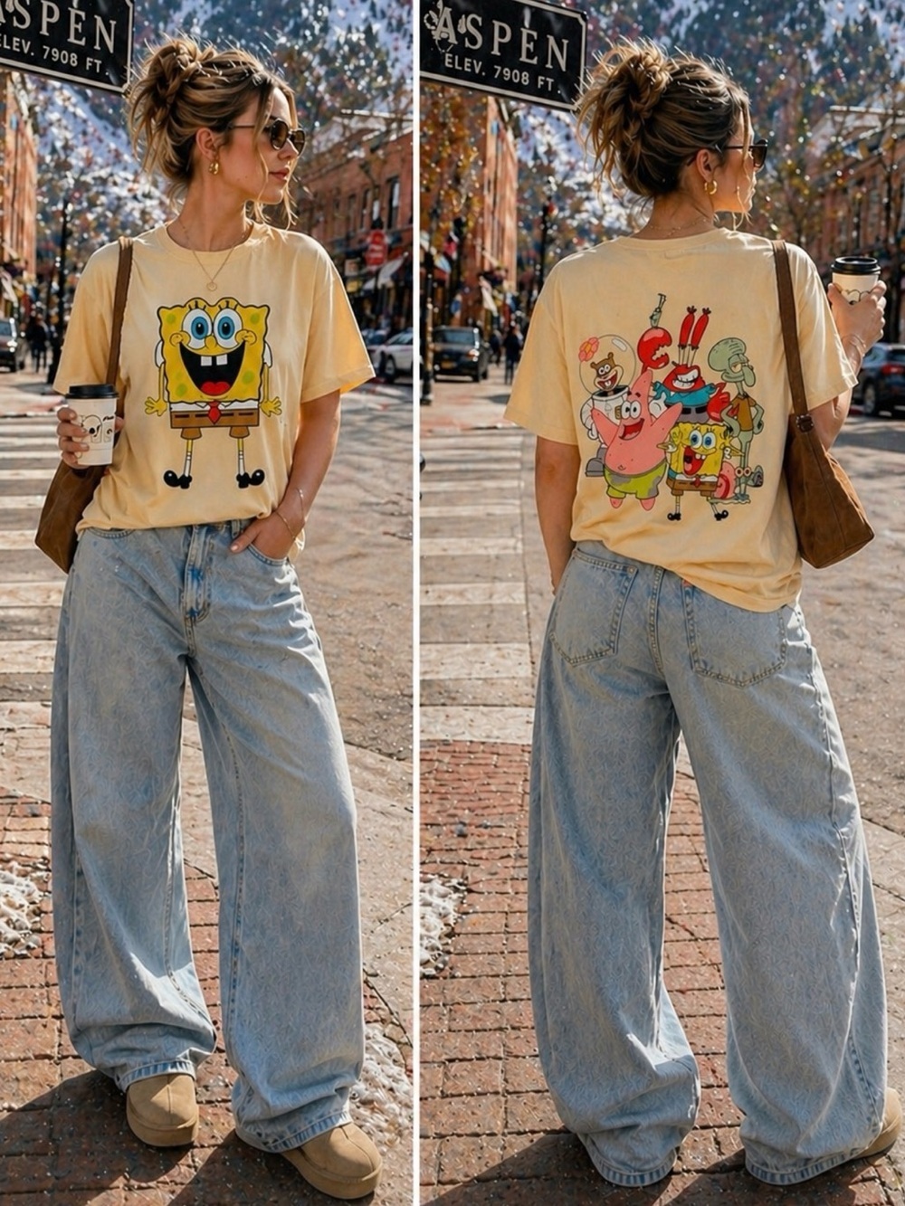 SPONGEBOB GRAPHIC TEE CREAM Y2K STREETWEAR OVERSIZED XL NICKELODEON FREEZE